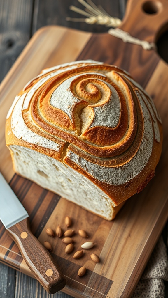 Artisan sourdough bread loaf with intricate scoring on a wooden board, surrounded by wheat grains and a knife.